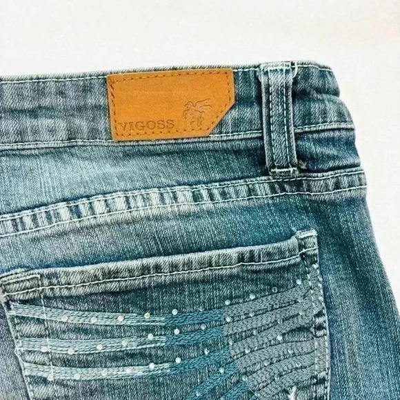 Vigoss Med Wash Lowrise Faded Distress Rhinestone Pocket Bootcut Jeans Size 15 - Picture 9 of 16